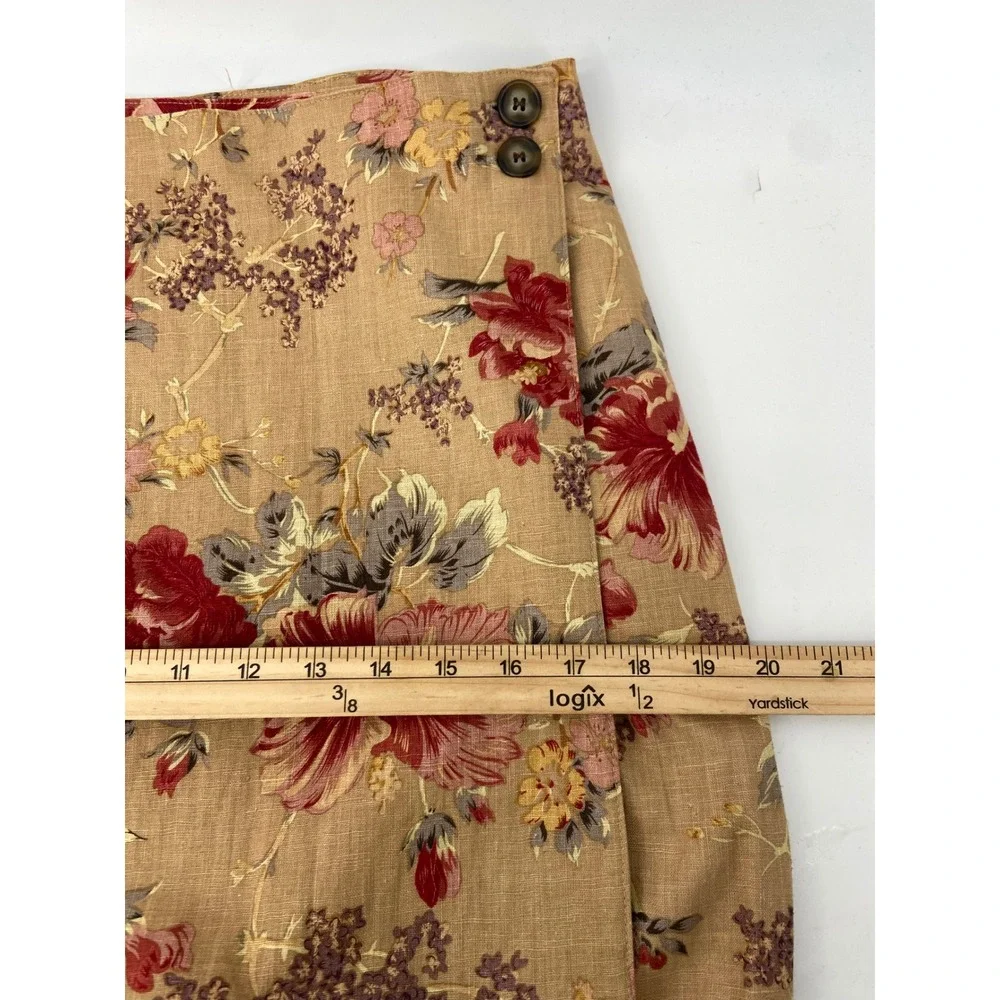 Vintage Cottagecore Floral Linen Skirt 12 Tan Country Wrap Midi Preppy Old Money